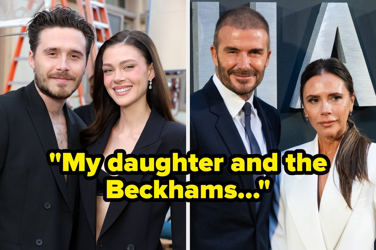 Two side-by-side photos: On the left, a couple poses. On the right, another couple in formal attire. Text reads: "My daughter and the Beckhams are a whole other story."
