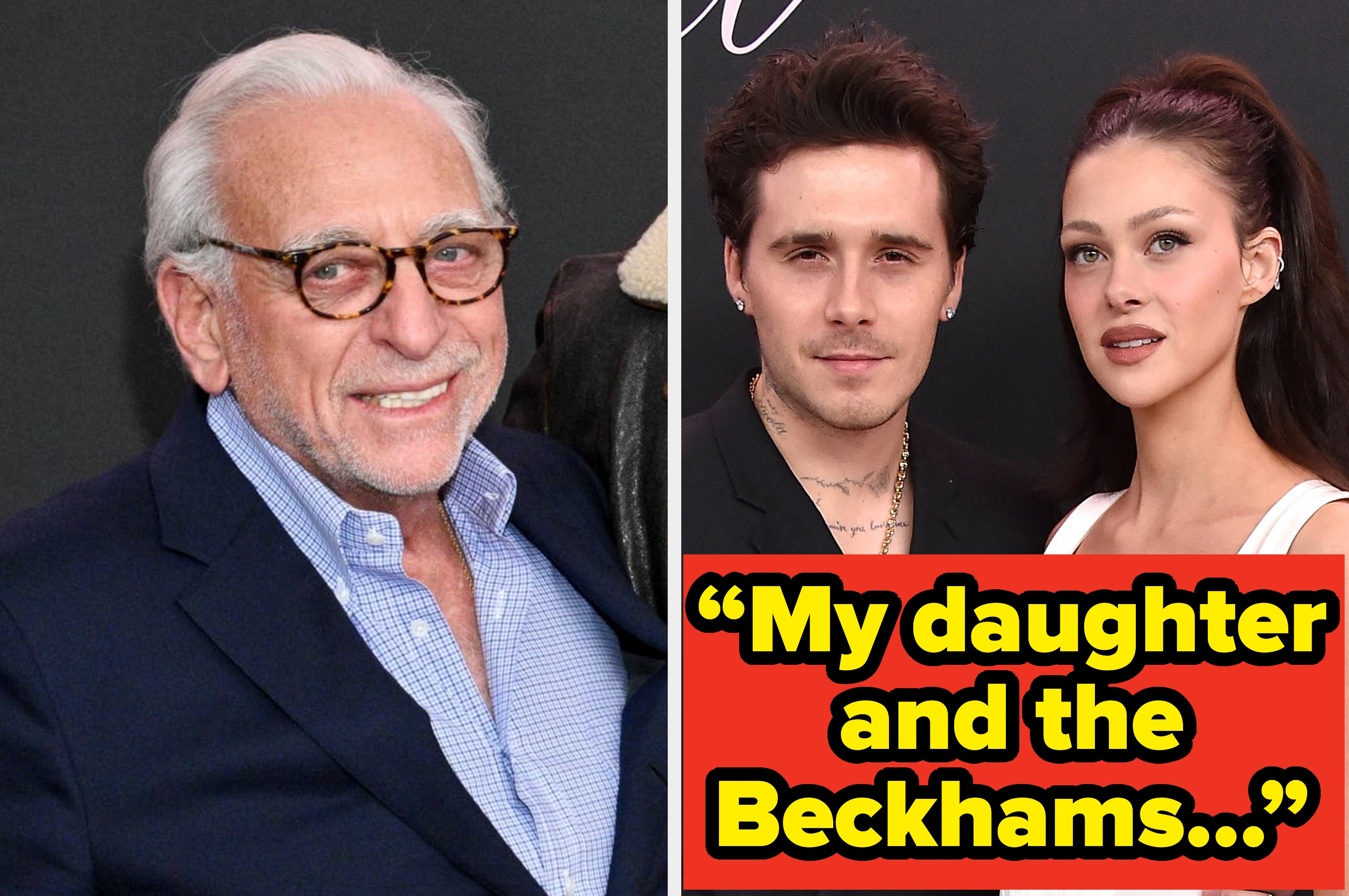 An older man in a suit smiles at an event. A young couple poses together stylishly. Quote: "My daughter and the Beckhams are a whole other story..."