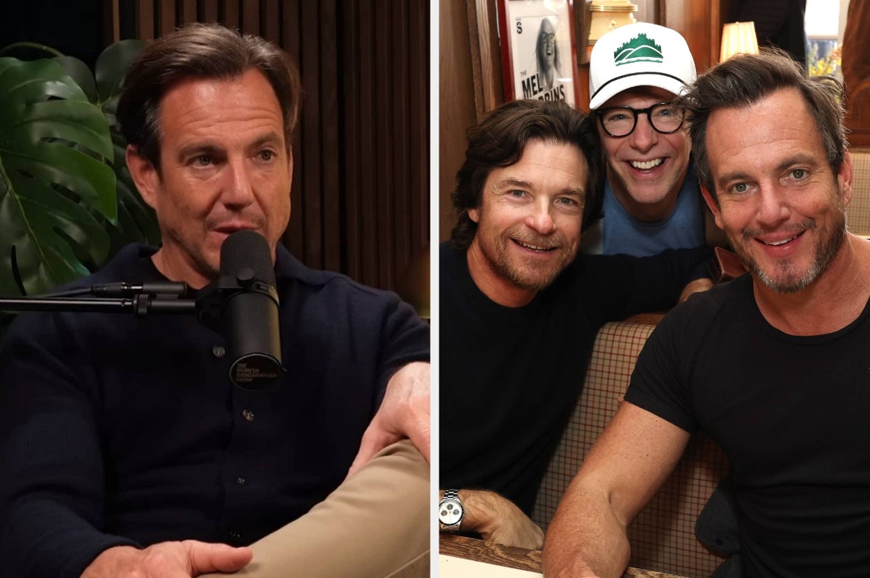 Two images: Left, a man speaks into a microphone. Right, three men smile at the camera, two wearing casual T-shirts and one with a hat and glasses
