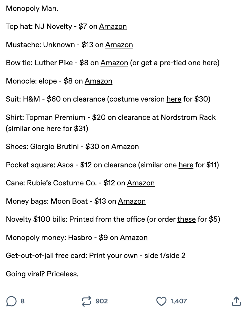 Summary of a humorous database  detailing the costs of a meme-inspired Halloween costume, combining assorted  inexpensive items and concluding with "Going viral? Priceless."