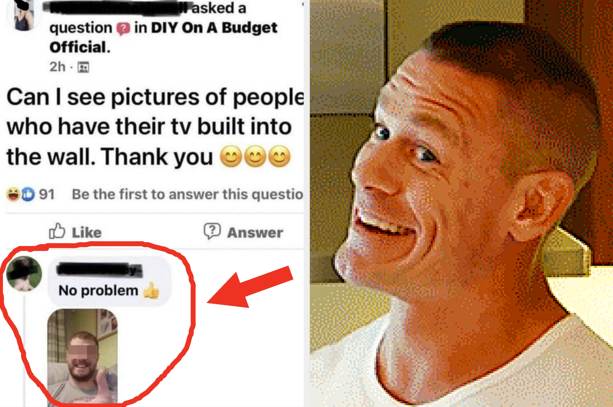 Social media post: User requests photos of wall-mounted TVs. Another user humorously responds with a photo of himself, appearing as if set into the wall