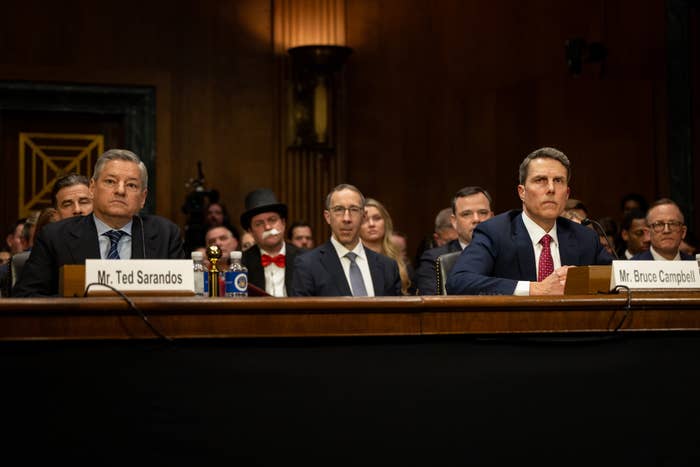 Ted Sarandos and Bruce Campbell astatine  a ceremonial  legislature  hearing, seated astatine  a agelong  array  with nameplates. Audience members disposable   successful  the background