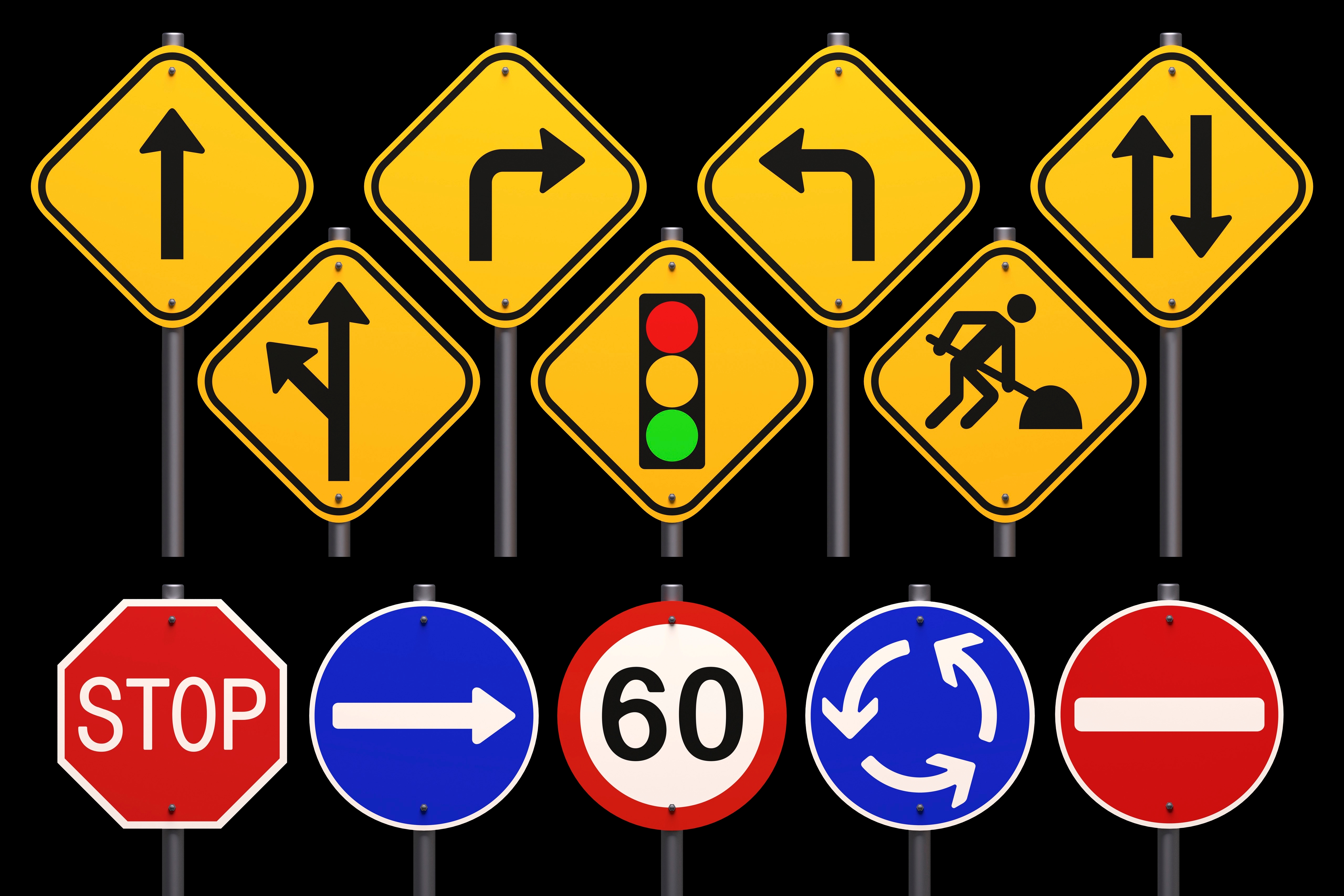 Ulike veiskilt, inkludert retningspiler, stopp, fartsgrense, trafikklys, konstruksjon og et forbudt-skilt, vises