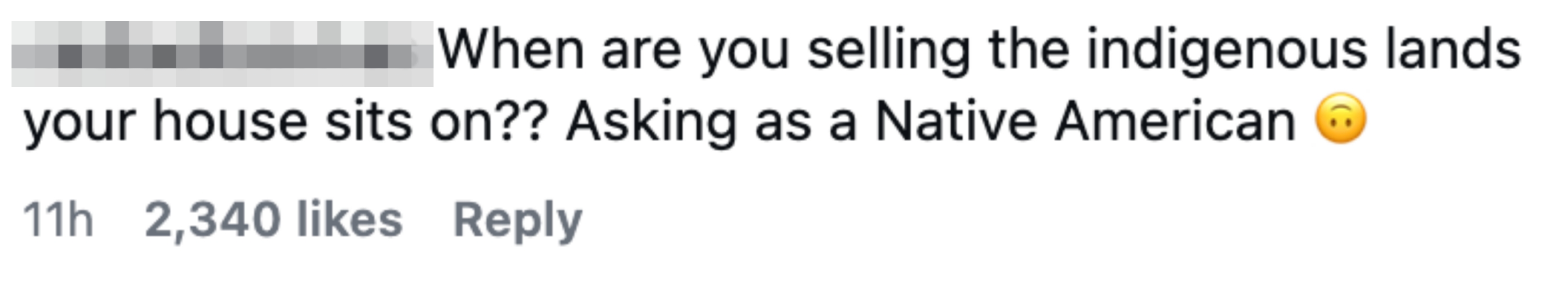 Kommentar som stiller spørsmål ved salg av urbefolkningsland under et hus, og uttrykker bekymring fra et indianerperspektiv