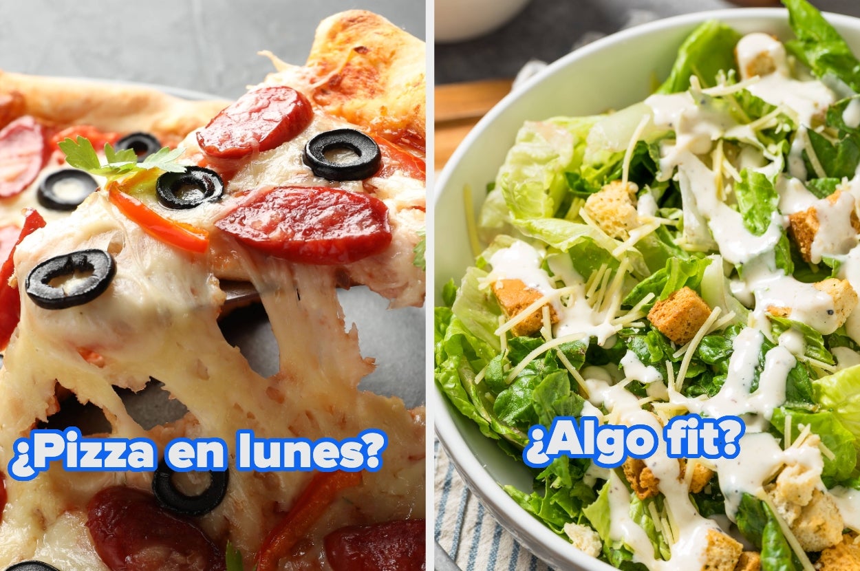 Left: A slice of pizza with black olives and pepperoni. Right: A salad with croutons, cheese, and creamy dressing. Text says, "¿Pizza en lunes? ¿Algo fit?"