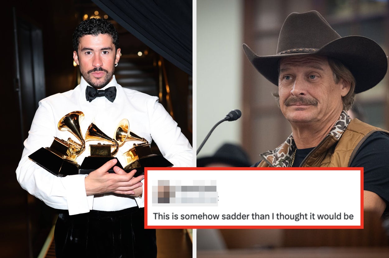 Man in formal attire holds Grammy awards; adjacent image shows musicians promoting a halftime show, with a comment reading, "This is somehow sadder than I thought it would be."