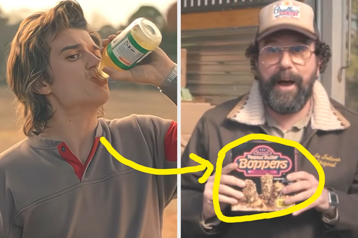 Two men: one drinks from a bottle, the other holds a box labeled "Peanut Butter Sloppers" with a yellow arrow pointing to it