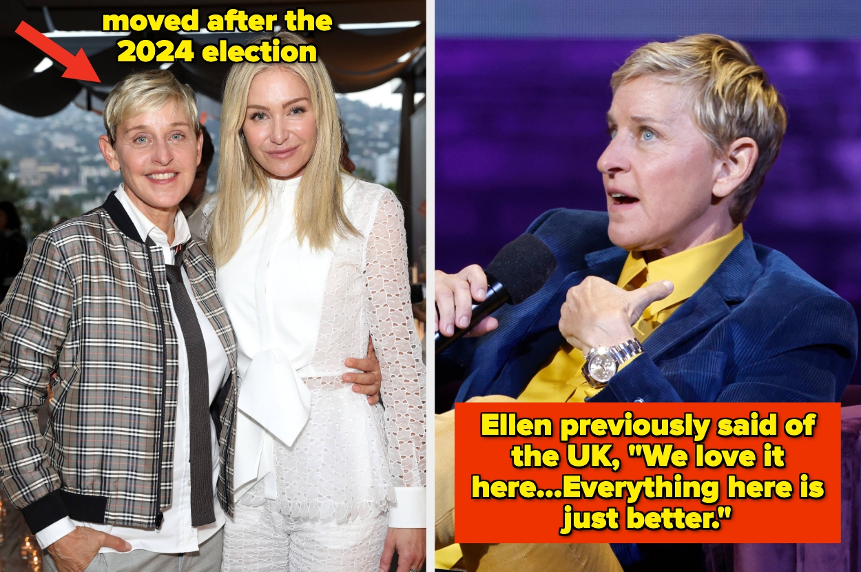 Ellen DeGeneres with an arm around Portia de Rossi vs Ellen DeGeneres seated onstage speaking into a microphone