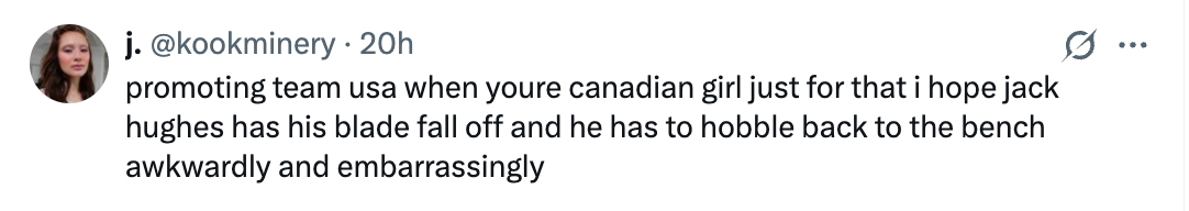 Tweet expressing anticipation  for a mishap befalling Jack Hughes during a game