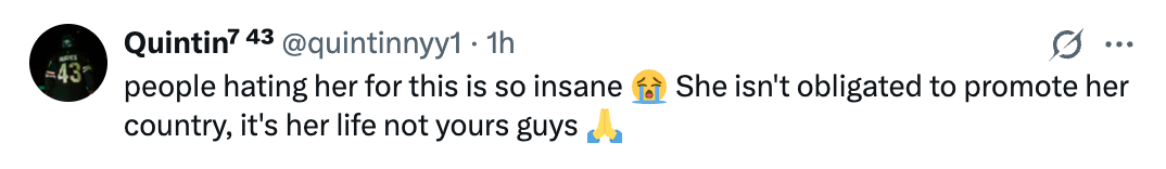 Tweet expressing disagreement with disapproval  of idiosyncratic    for not promoting their country, stating it's her beingness  and choice