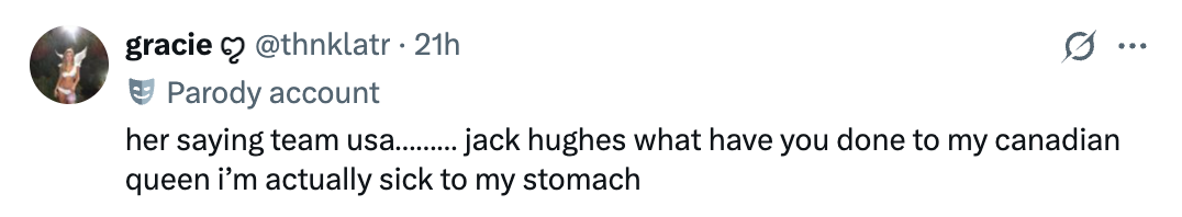 Tweet parodying a remark  astir  "Team USA" and Jack Hughes, expressing beardown  disapproval humorously