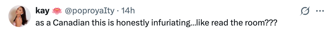 Tweet by idiosyncratic    "kay" expressing vexation  and asking others to recognize   the context, referring to their Canadian perspective