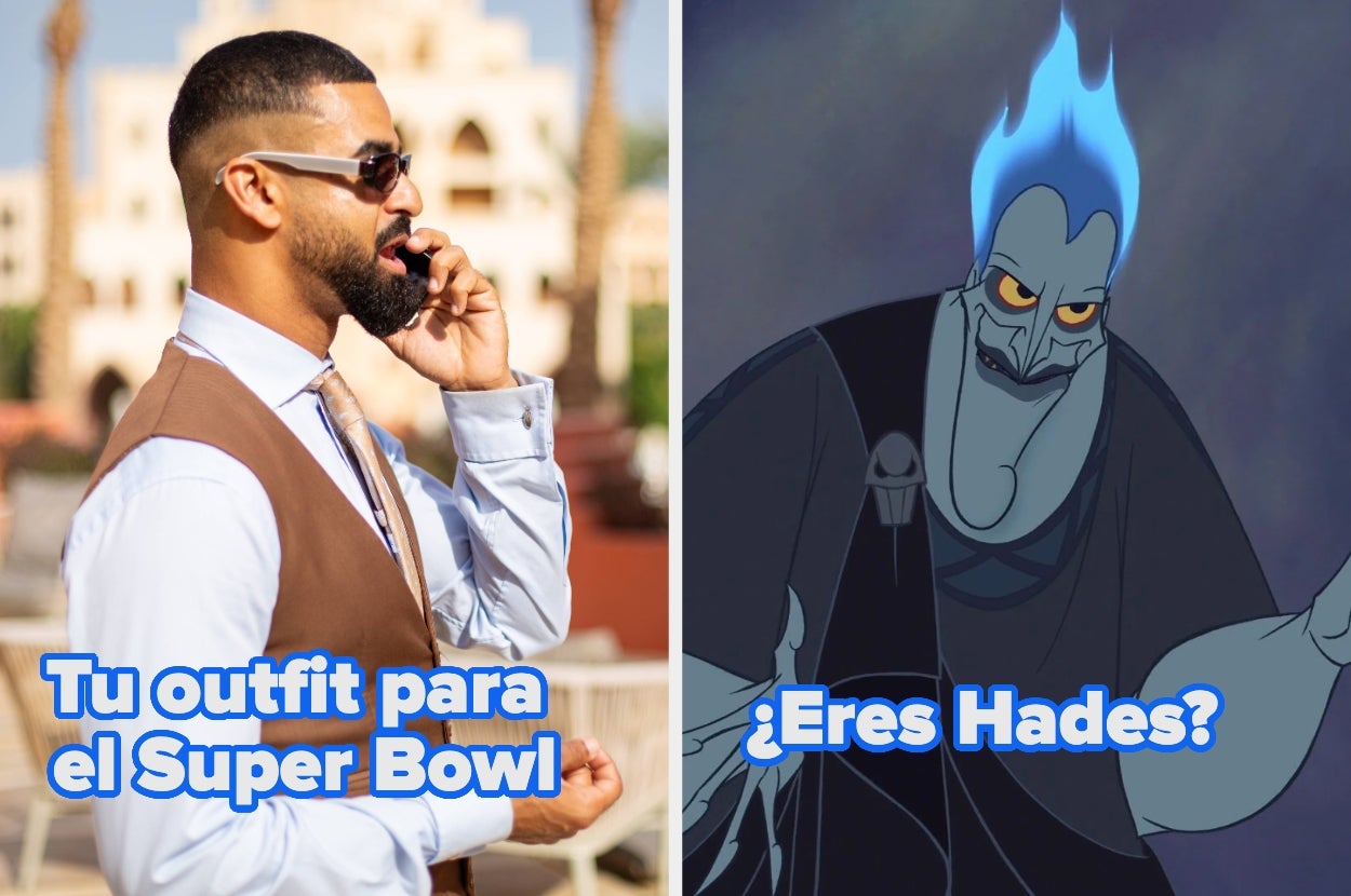 Man in a vest talking on phone next to animated character Hades with blue flames. Text: "Tu outfit para el Super Bowl" and "¿Eres Hades?"