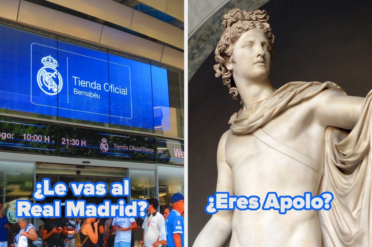 Left: Crowd outside Real Madrid's official store. Right: Greek statue of Apollo. Spanish text asks about supporting Real Madrid and being Apollo