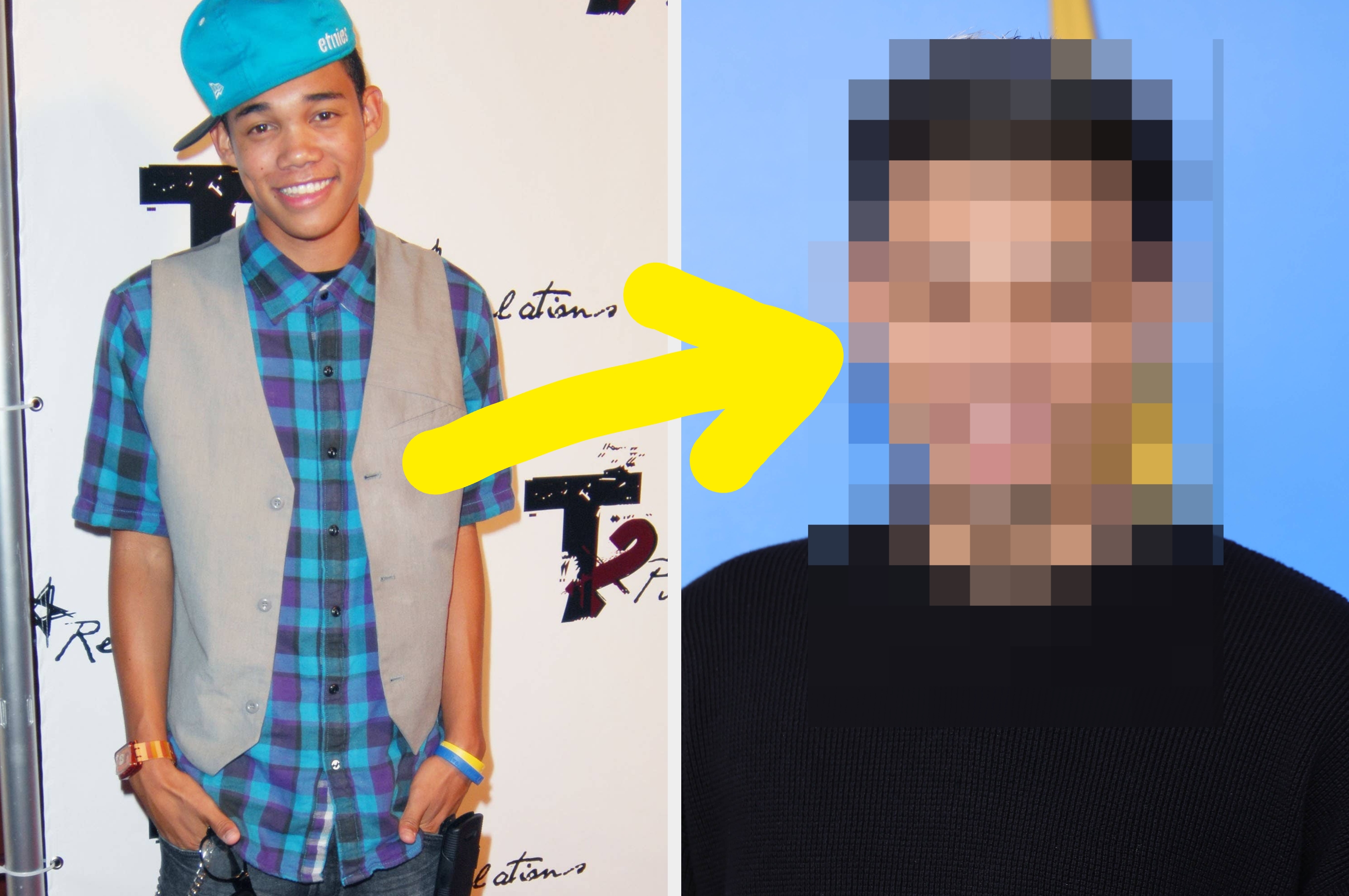 Young individual in a plaid shirt and vest on a red carpet, next to a pixelated person with an arrow indicating transformation or change