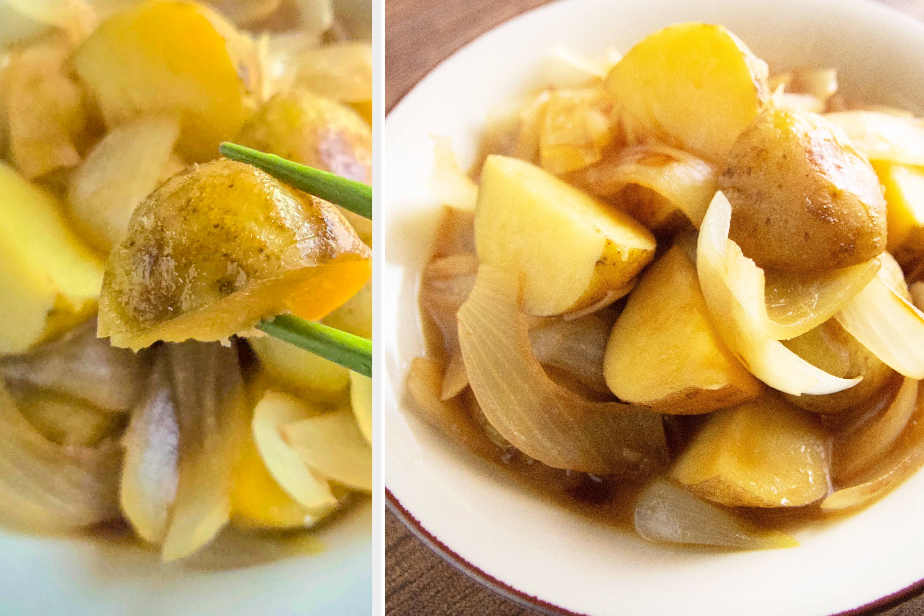 じゃがいもと玉ねぎの甘辛煮が白い皿に盛られている。