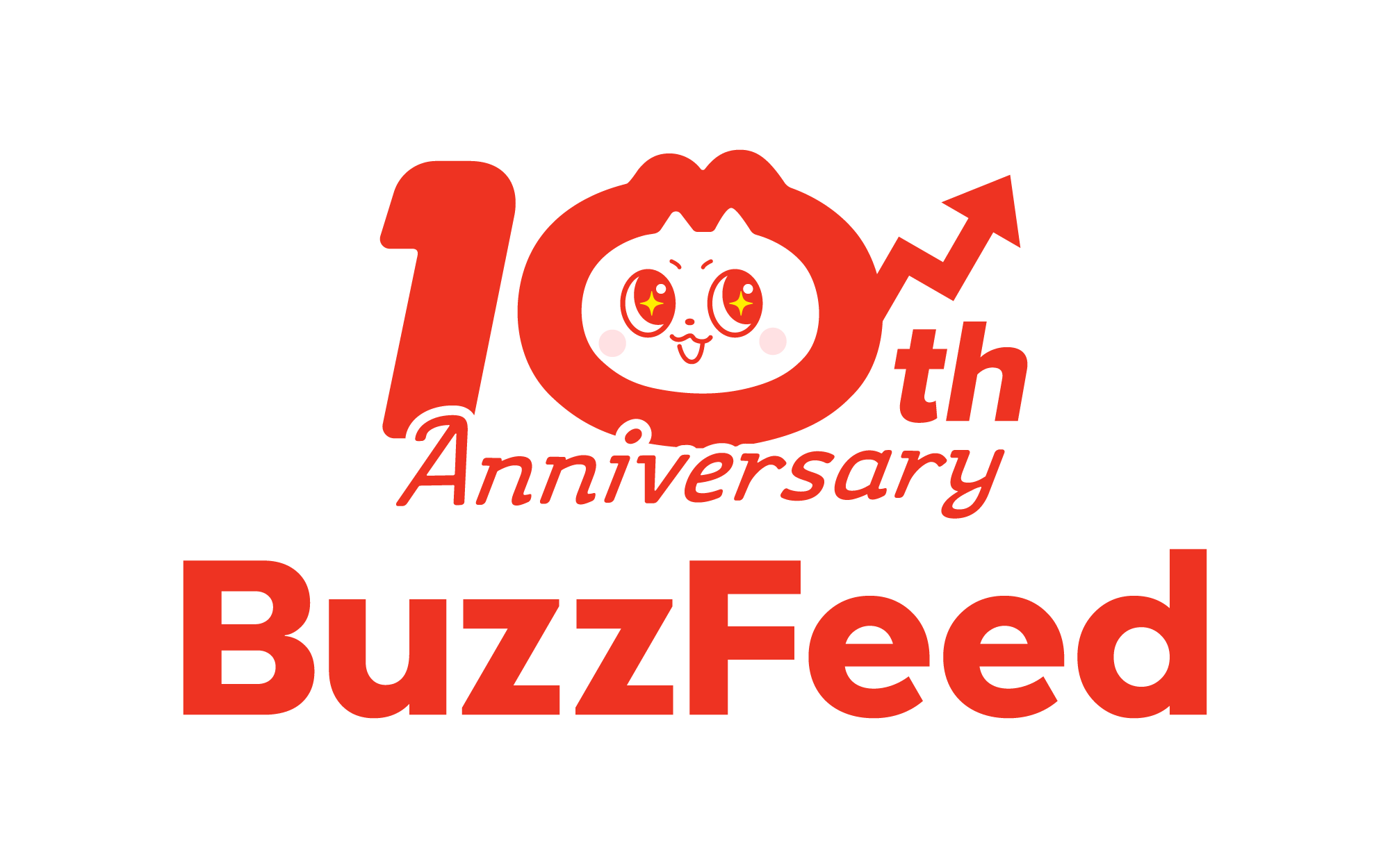 BuzzFeedの10周年記念ロゴ。中央に笑顔のキャラクターと「10th Anniversary」の文字。