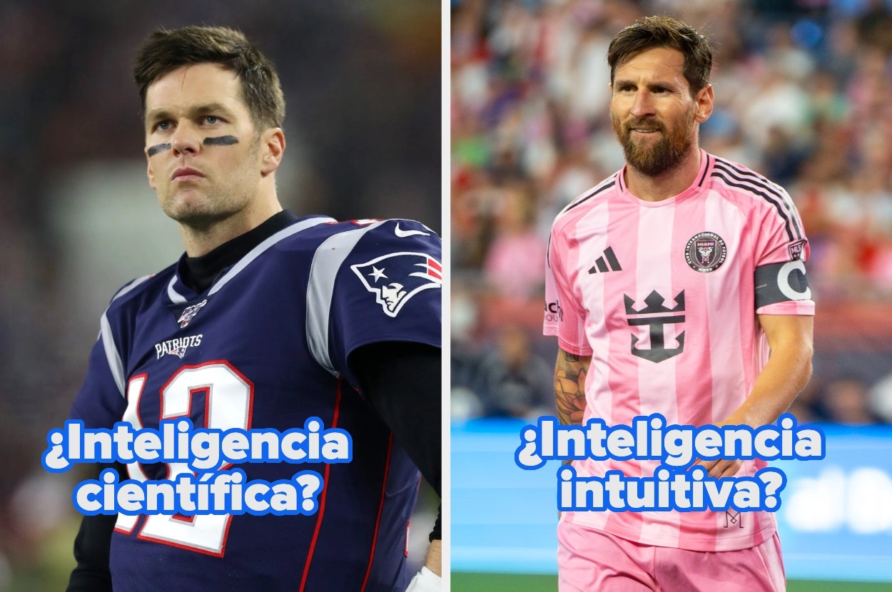 Two athletes with text: Left shows an American football player with "¿Inteligencia científica?" Right shows a soccer player in a pink jersey with "¿Inteligencia intuitiva?"