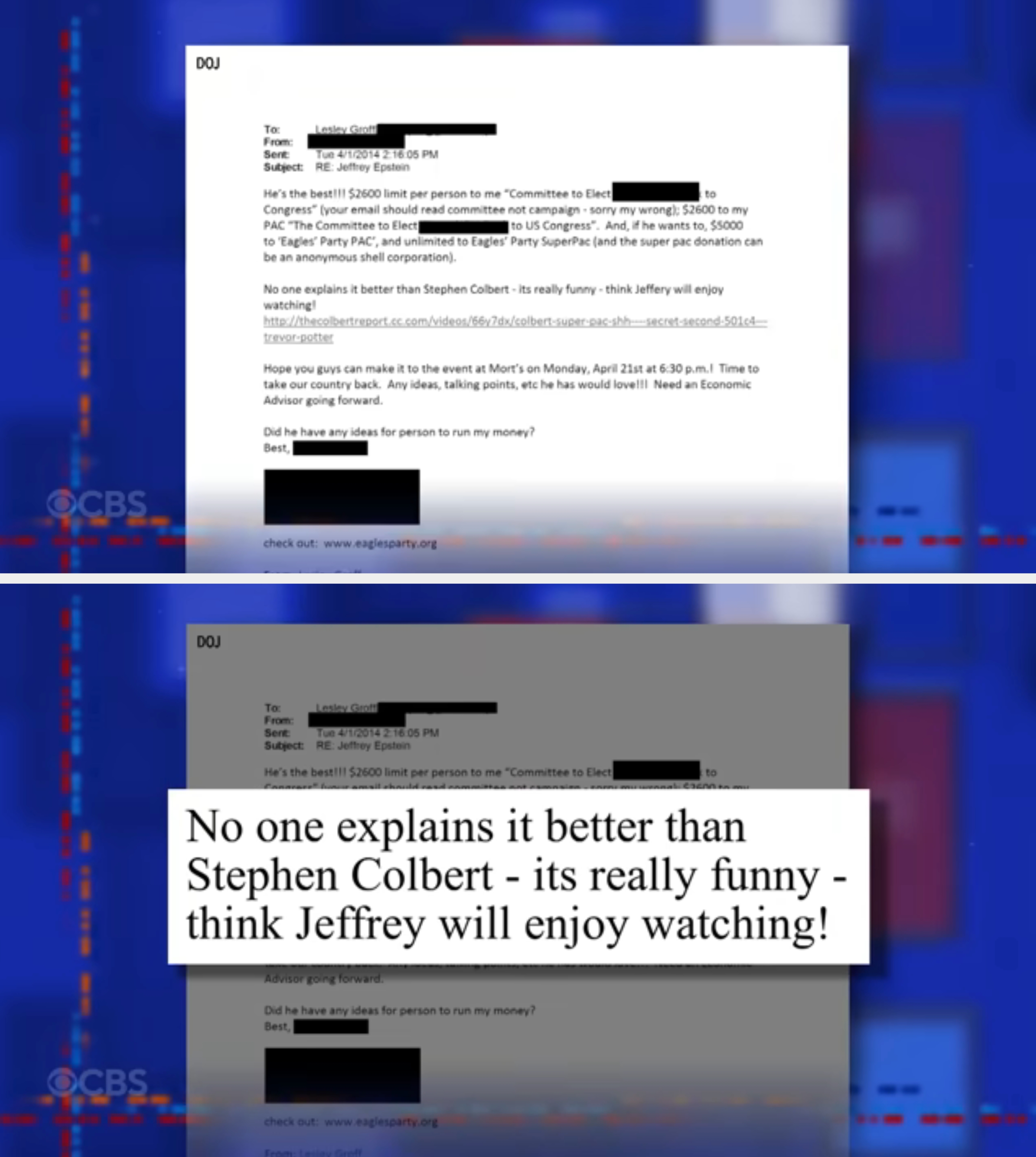 Email discussing donations to governmental  entities and notation  of Stephen Colbert arsenic  a favorite