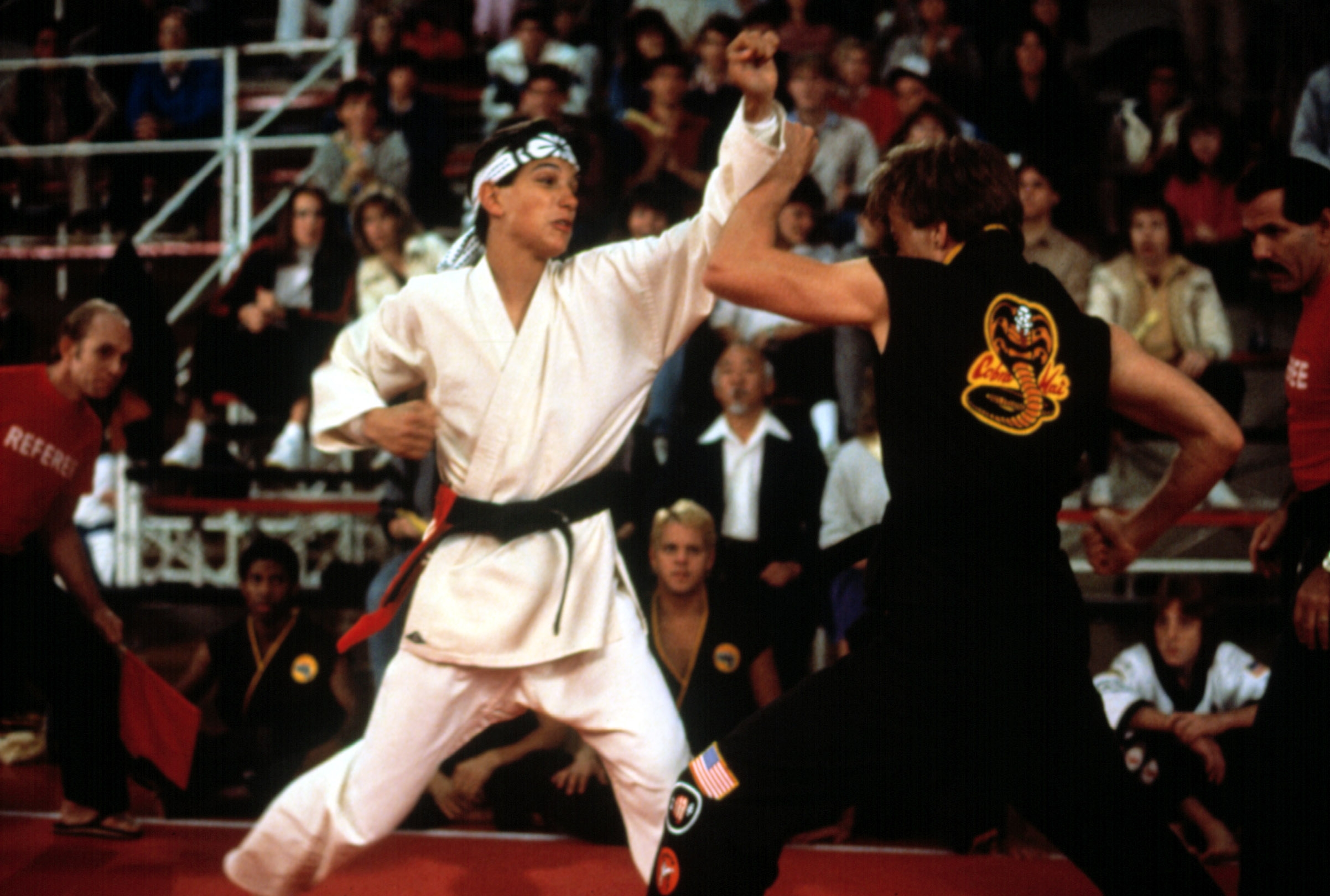 Two martial artists face off in a dojo setting, one in a traditional karate gi, the other in a sleeveless uniform with a cobra emblem