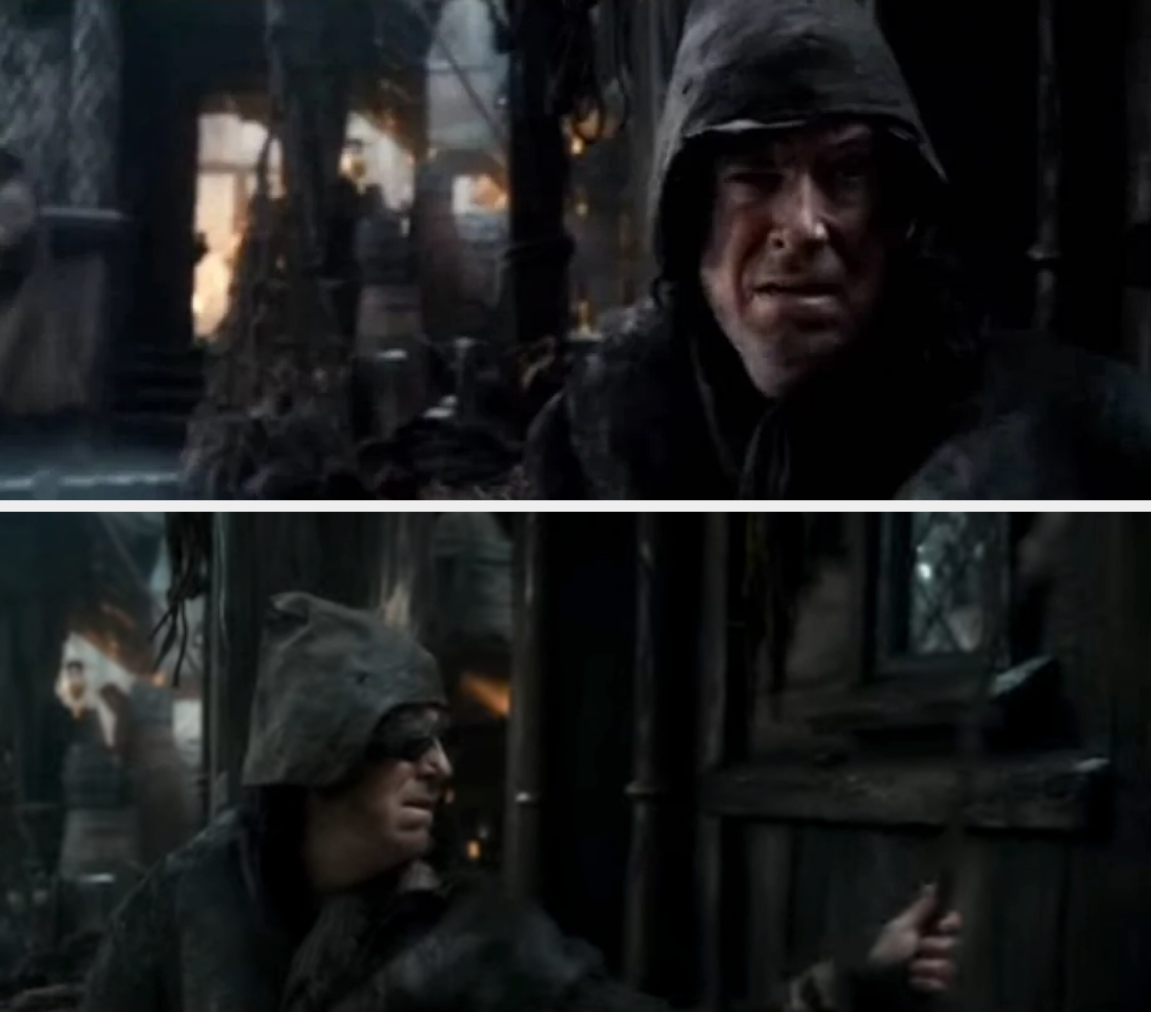 A idiosyncratic   successful  medieval-style covering  and a hood peers cautiously successful  a dark, rustic mounting  with woody  structures successful  the background