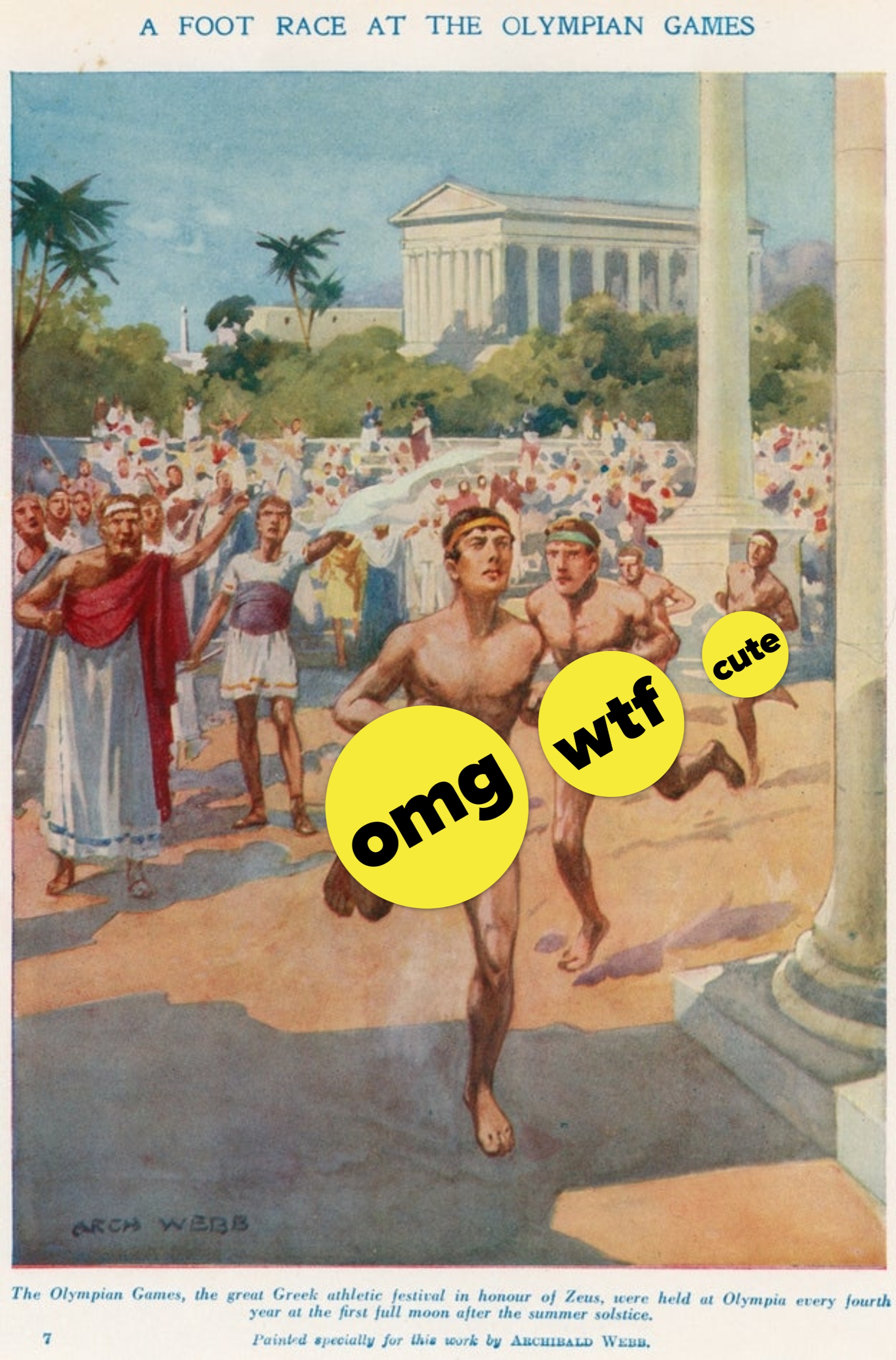 Illustration of an ancient Greek foot race at the Olympian Games, with athletes running in minimal attire. Spectators watch in the background