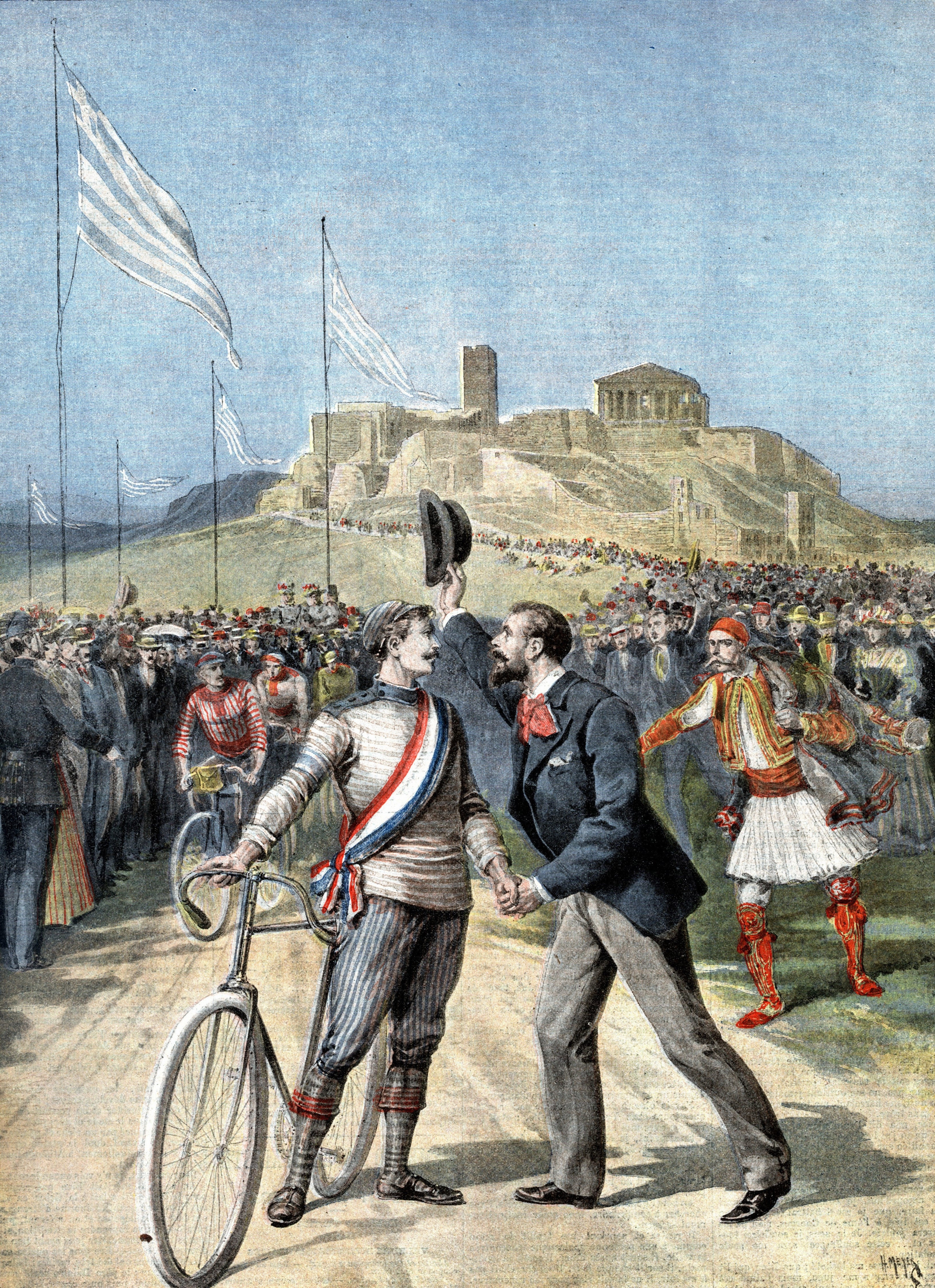 19th-century illustration of a man in a striped outfit holding a bicycle, shaking hands with a man in a suit near a crowd and ancient ruins