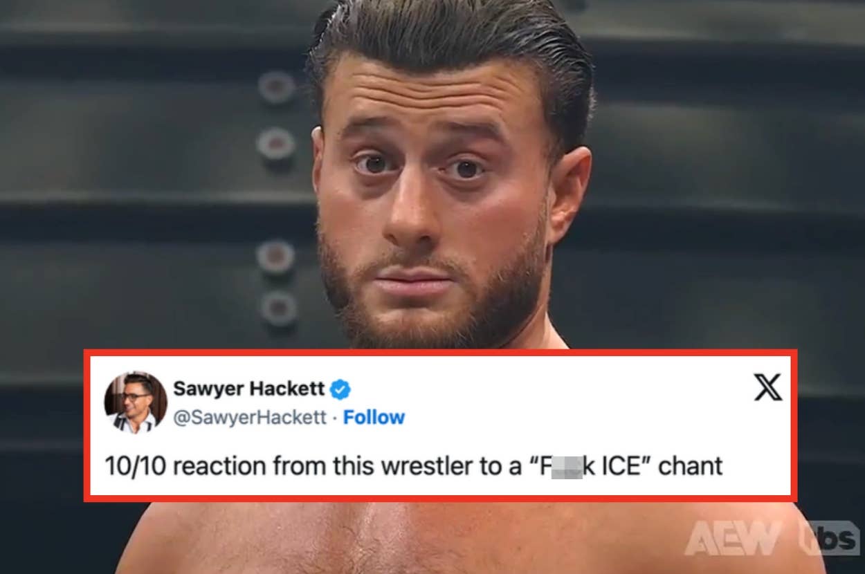 Wrestler looking surprised during an event. A tweet praises their reaction to a crowd chant against ICE, with strong language partially censored