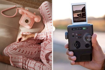 Candle labeled "Sidia Nirvana," model wearing a polka-dot bra, and three cameras on display for a shopping feature