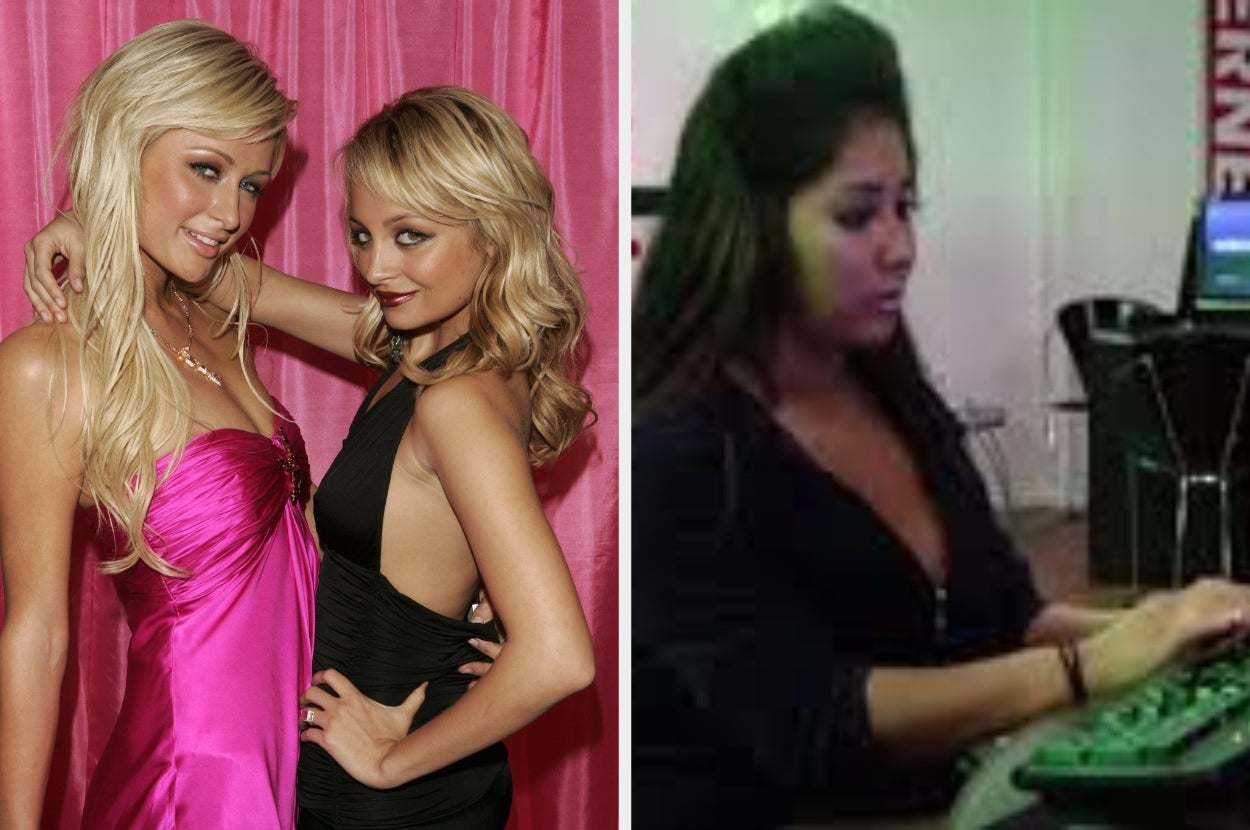 Two individuals pose in stylish evening dresses. Another person types at a desk, focusing on the screen
