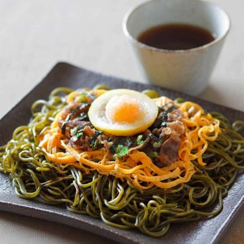 冷たいそばに卵、野菜、肉が盛られた料理が四角い皿に盛られており、横につゆの入った小さな器があります。