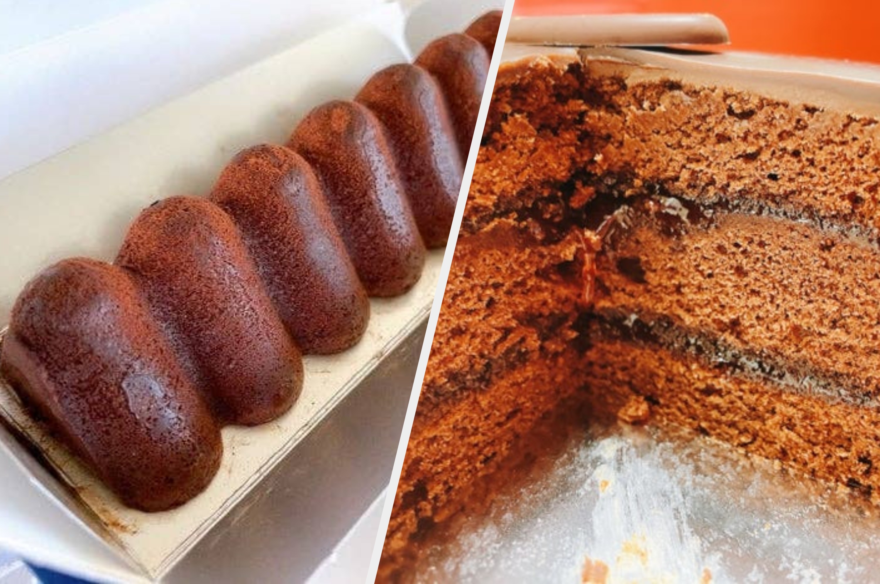 左側にガトートロワゾネ、右側に切り取られたチョコレートケーキ