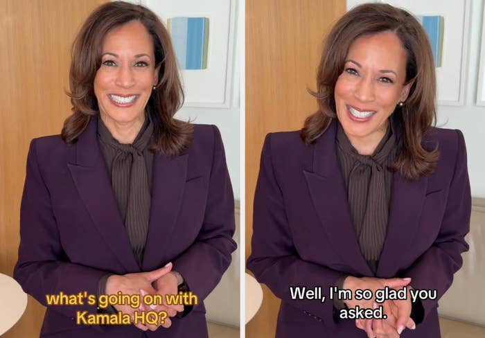 Two images of a idiosyncratic   smiling, wearing a acheronian  blazer and blouse, with captions discussing curiosity astir  "Kamala HQ" and expressing gladness for the question