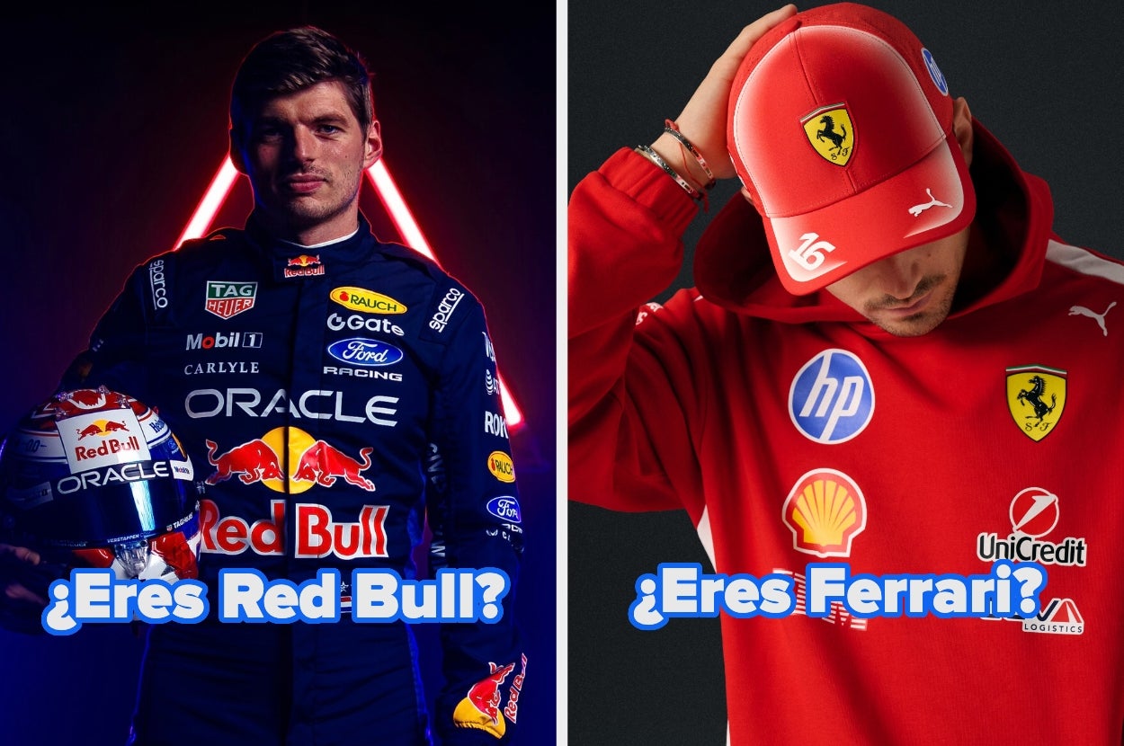 Two men wearing racing team gear; the left in a Red Bull jacket, the right in a Ferrari jacket. Text asks: "Are you Red Bull? Are you Ferrari?"