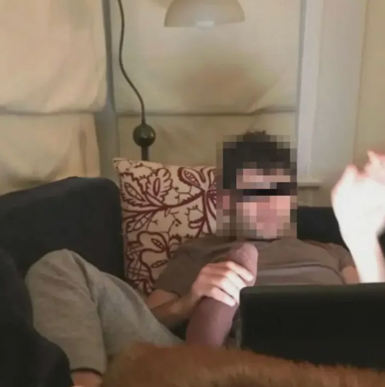 Person sitting connected  a sofa, look   pixelated, holding a canine  by the paw