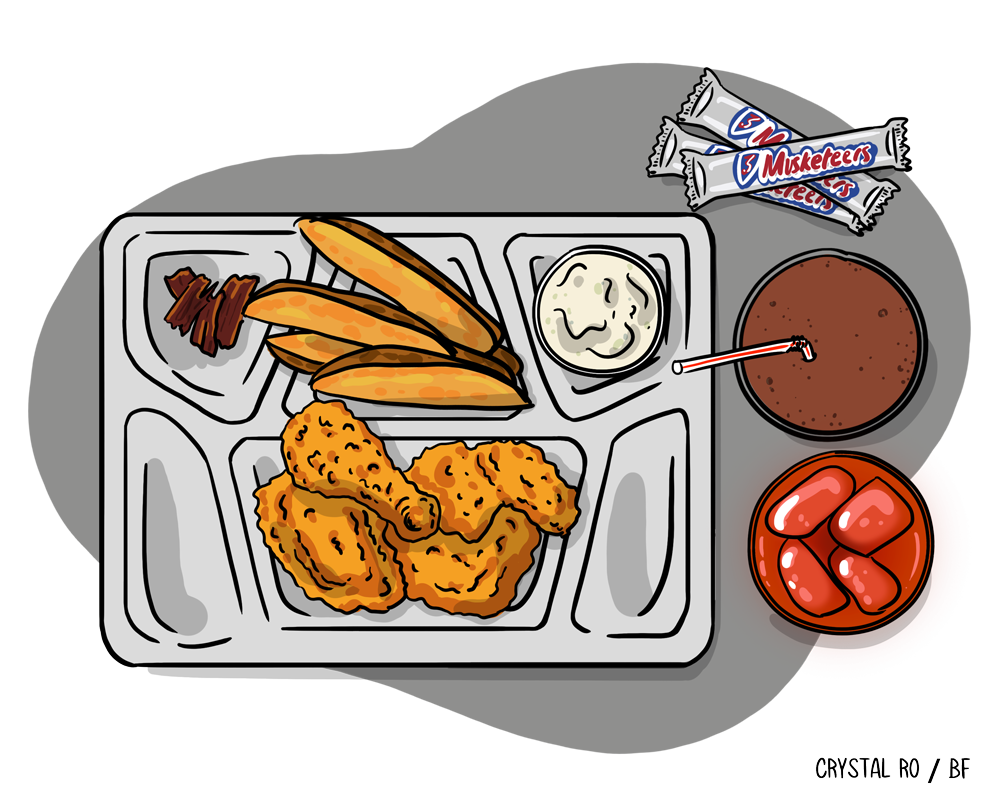Cafeteria tray with fried chicken, potato wedges, a cup of chocolate milk, ketchup, a Three Musketeers bar, and a side of mashed potatoes