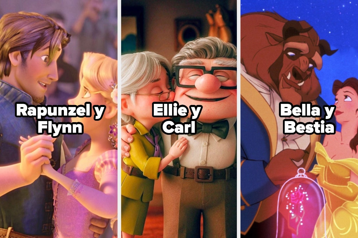 Tres escenas de películas animadas: Rapunzel y Flynn, Ellie y Carl, Bella y Bestia, mostrando momentos románticos icónicos