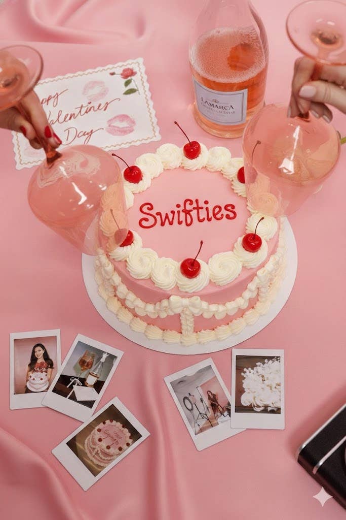Pastel decorado con cerezas y "Swifties", rodeado de copas, fotos y tarjeta de San Valentín
