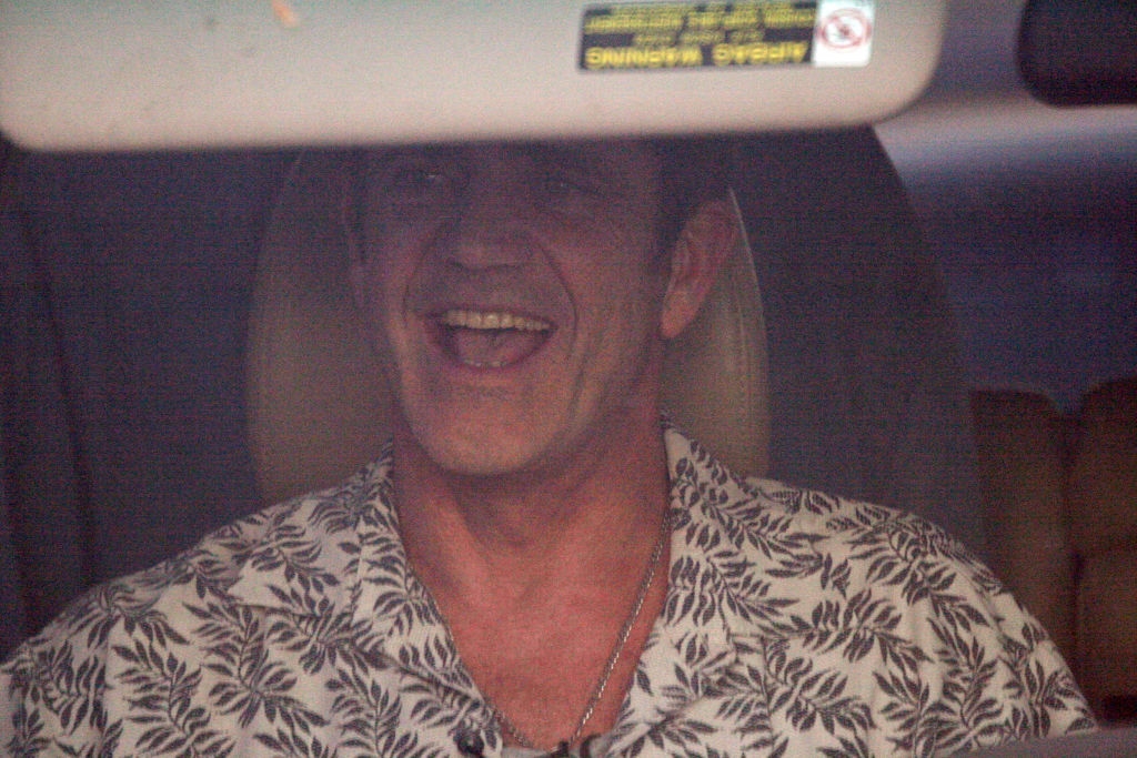 A idiosyncratic successful a car wearing a patterned shirt, smiling and looking retired of the window