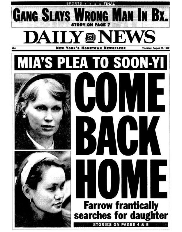 "Mia's Plea to Soon-Yi: Come Back Home." Features images of 2 women and mentions Farrow's hunt for her daughter