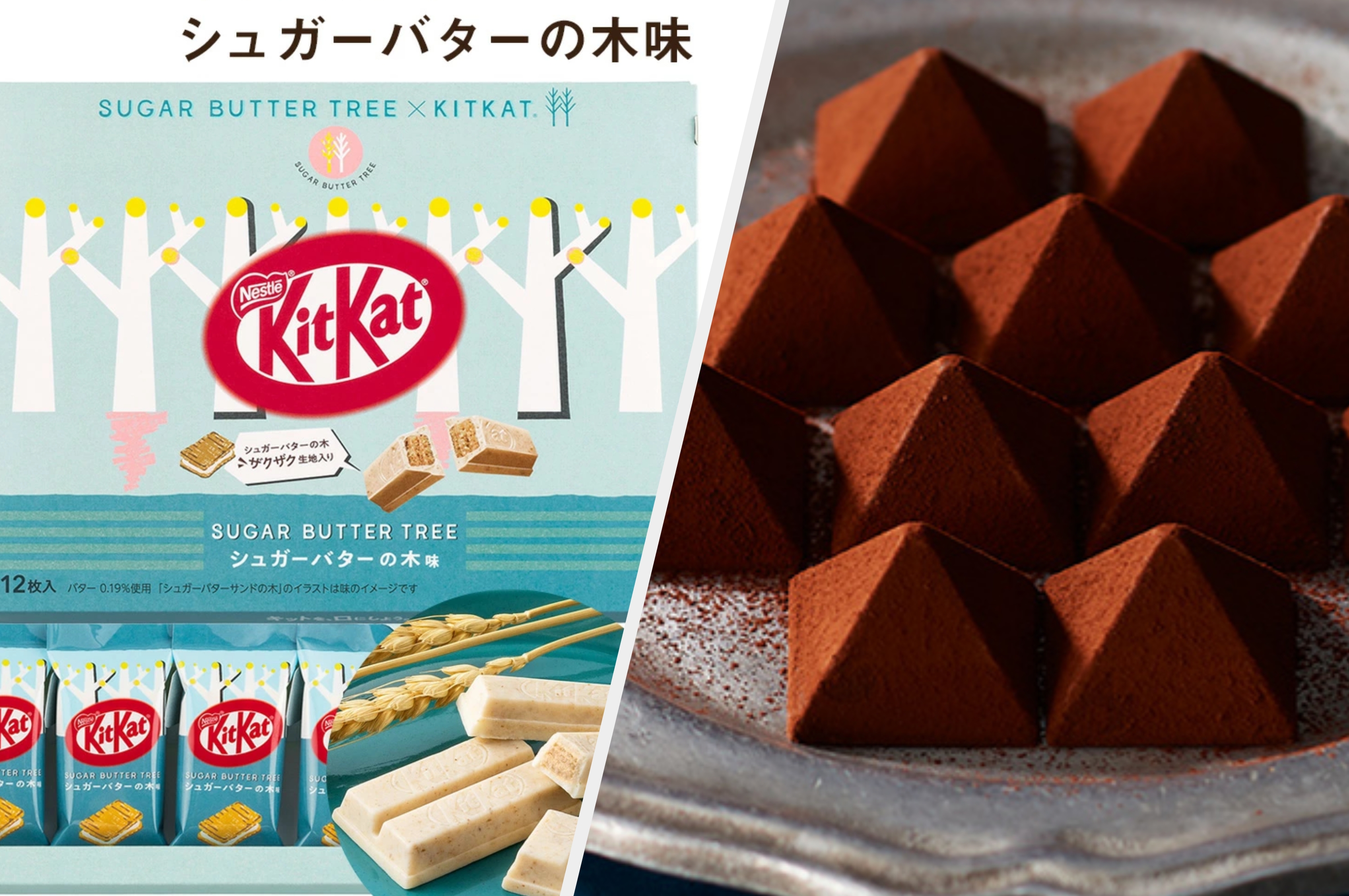 左側にシュガーバターの木味の「キットカット」、右側にルタオの「ロイヤルモンターニュ」。