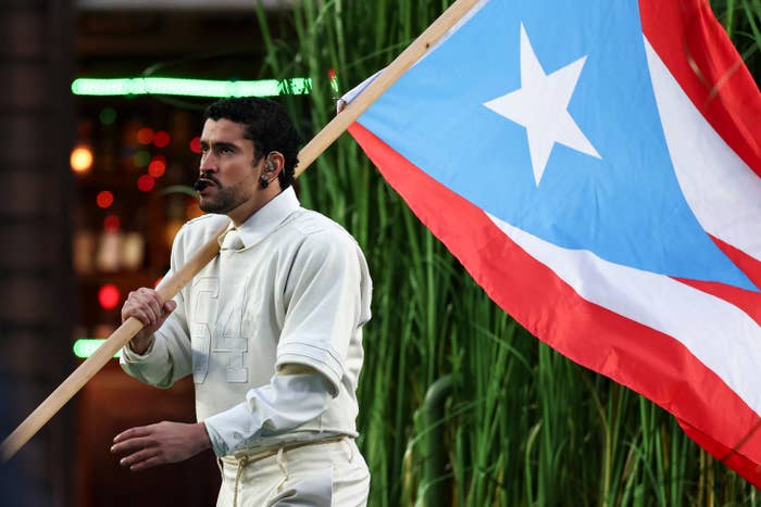 Person holding the Puerto Rican flag, wearing a light-colored outfit, walking past   gangly  greenish  plants