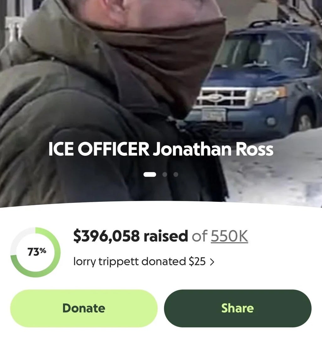 A idiosyncratic   successful  an ICE azygous   stands outside. A fundraiser beneath  has raised $396,058 of a $550K goal, with supportive substance   astir  the officer
