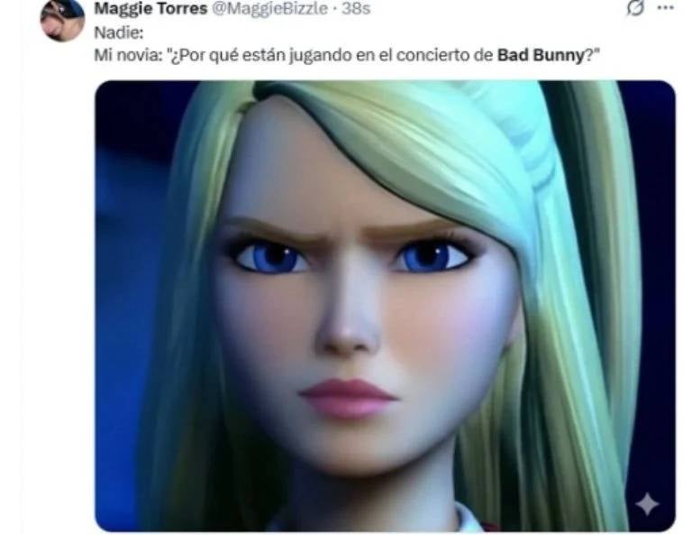 Animated character with a serious expression. Tweet text humorously mentions confusion at a Bad Bunny concert