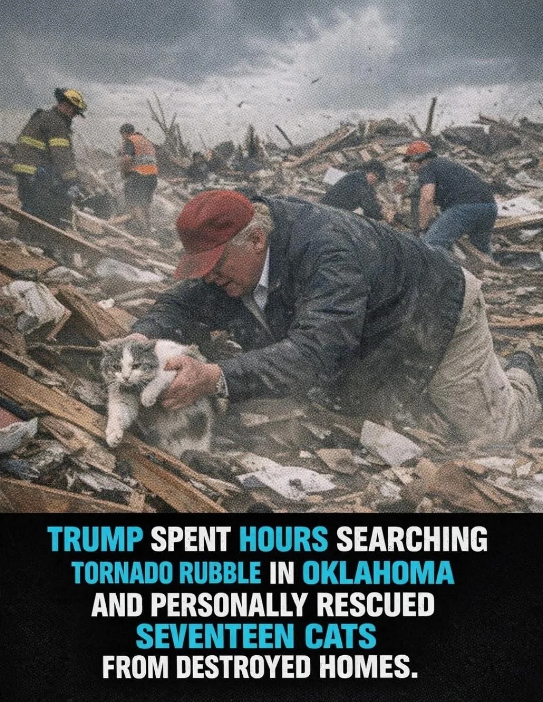 A idiosyncratic   helps rescue a feline  from tornado rubble, surrounded by debris and different   rescuers assisting successful  the aftermath of a disaster. Text highlights the effort