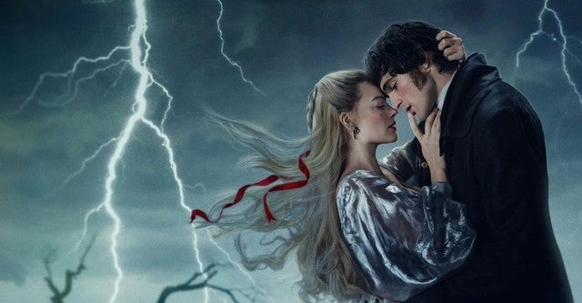 Romantic scene of a couple embracing passionately under lightning, with the woman in a flowing dress and the man in a dark suit