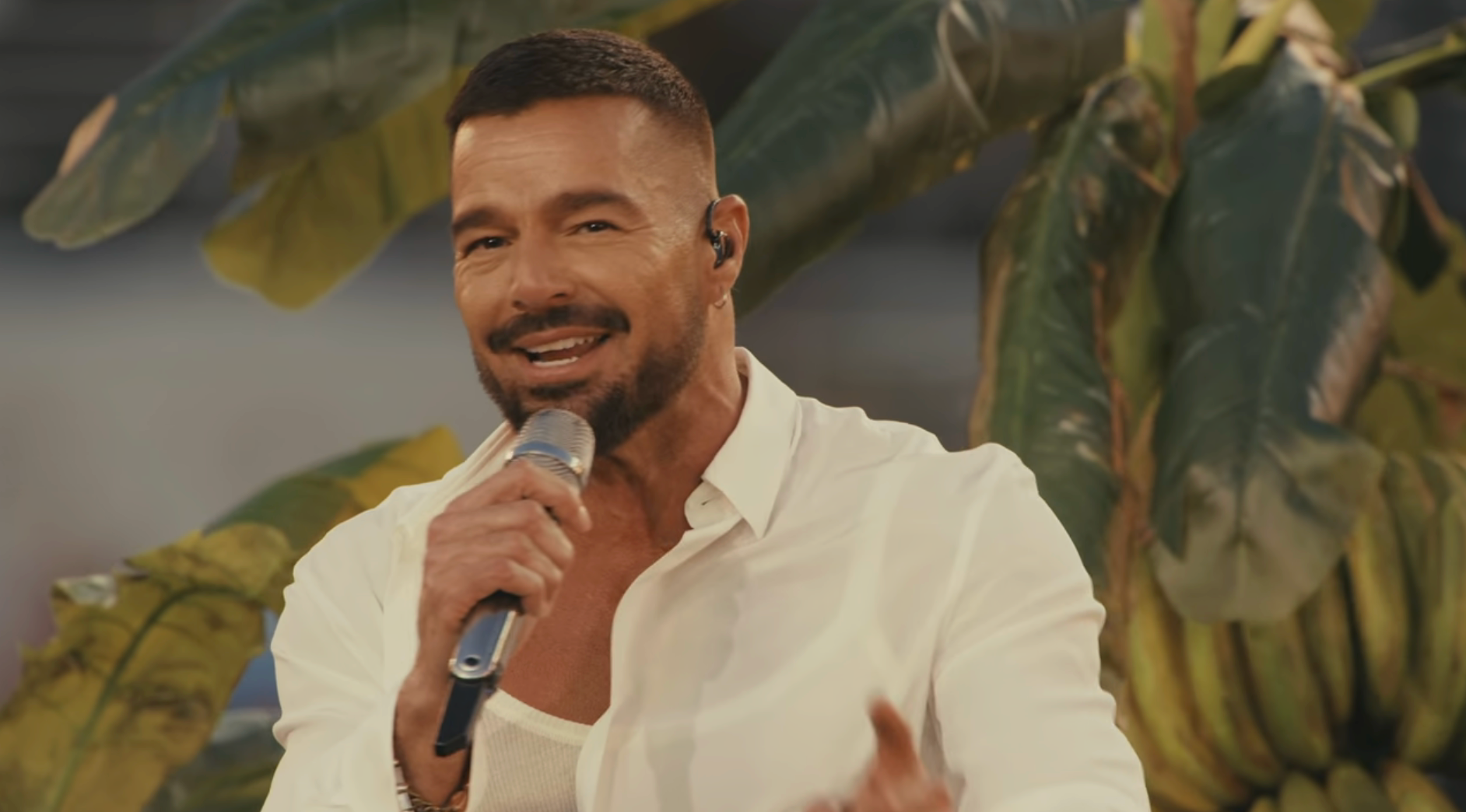 Person singing into a microphone, wearing a achromatic  shirt, with ample  leaves successful  the background