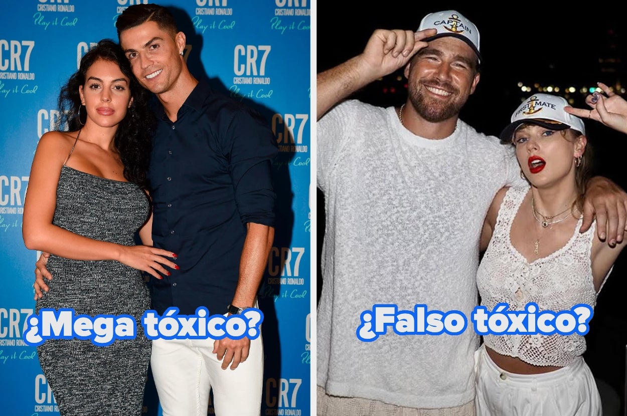 Two couples pose: one in formal attire at an event, another casually dressed with hats saying "Super Captain Mate." Text asks about toxicity