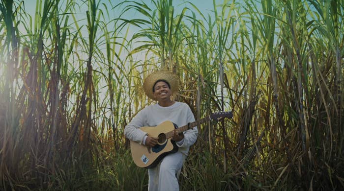 Person successful  a straw chapeau  sitting successful  a field, playing an acoustic guitar, smiling. Casual outfit