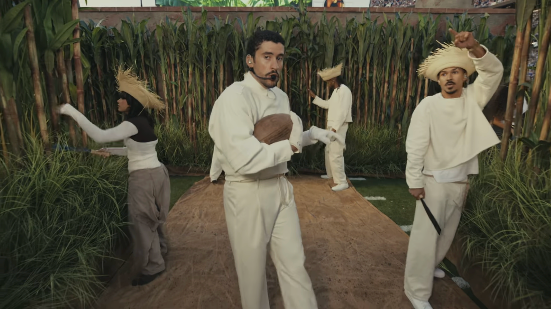 Four radical   successful  traditional, rustic attire execute  a lively, theatrical skit successful  a plot  mounting  among gangly  plants